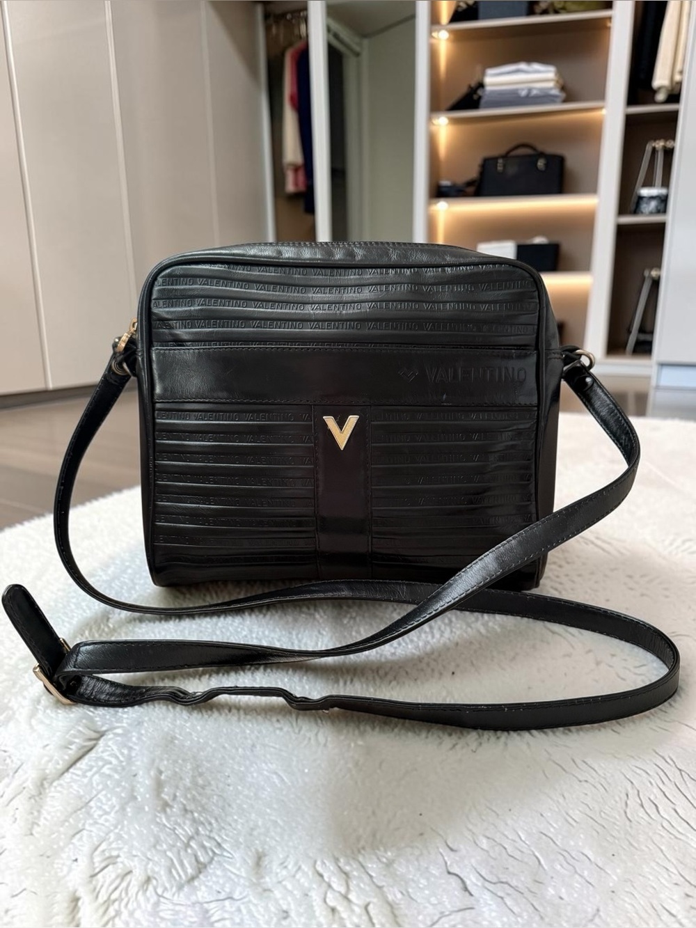 Mario Valentino Black Leather Messenger Bag with Gold V Accent